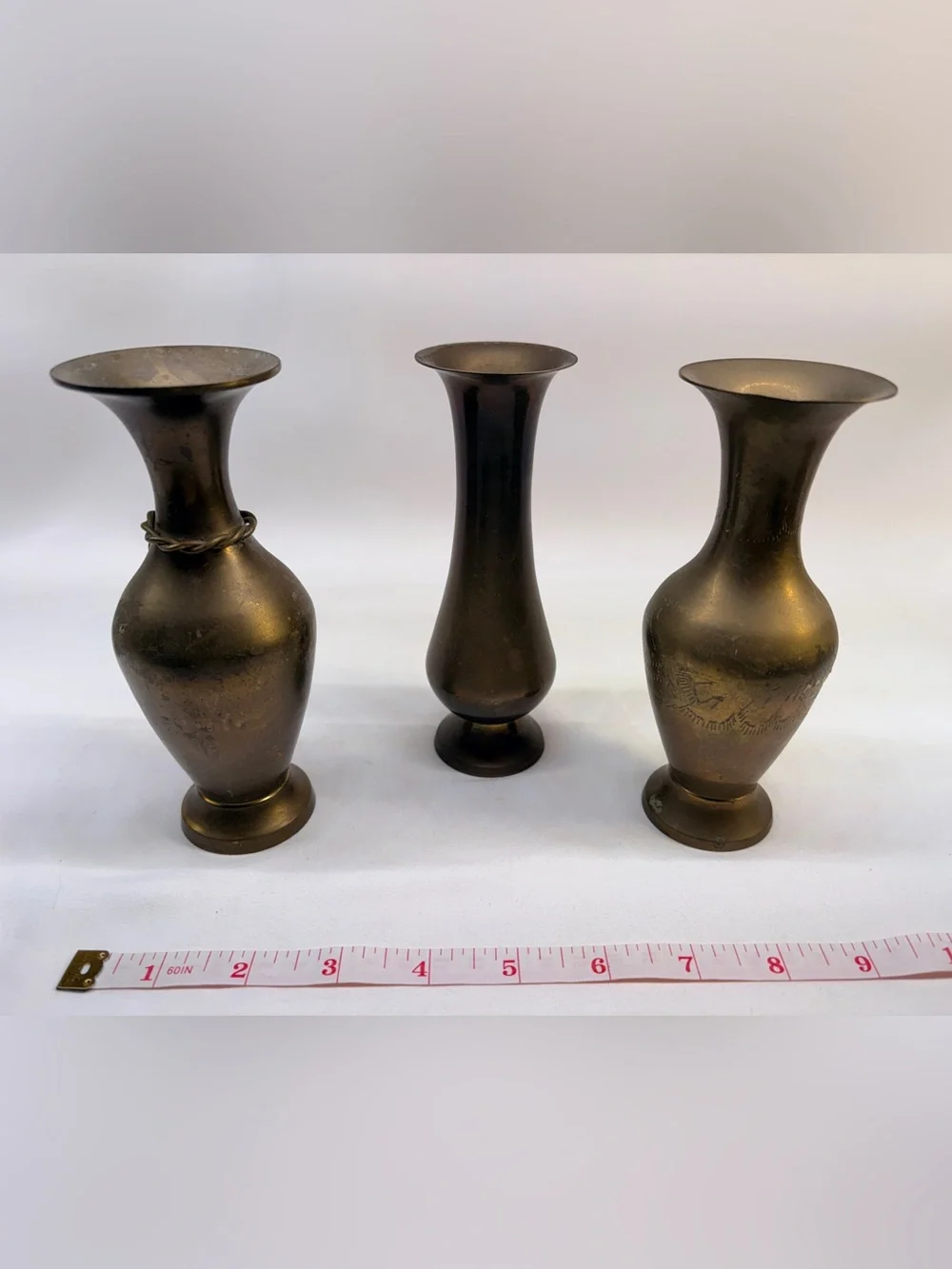 Vintage Engraved Brass Bud Vases - Set of 3 Assorted Patina Mini Vases